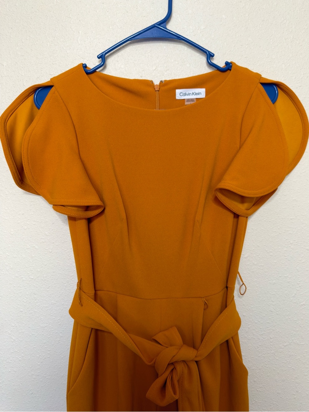 Calvin Klein Mustard Jumpsuit with Tie Waist and Flutter Sleeves